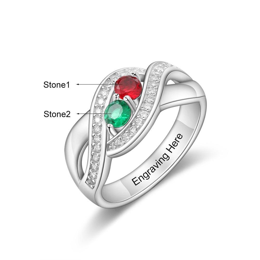 Personalized 925 Sterling Silver Ring - Two Birthstone and One Engraving For Mother's Day-Personalized Jewels