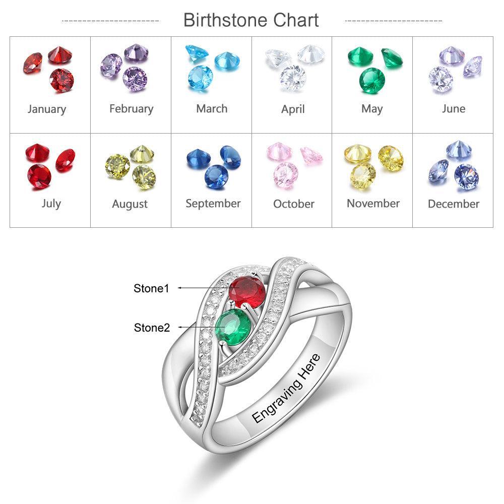 Personalized 925 Sterling Silver Ring - Two Birthstone and One Engraving For Mother's Day - Personalized Jewel