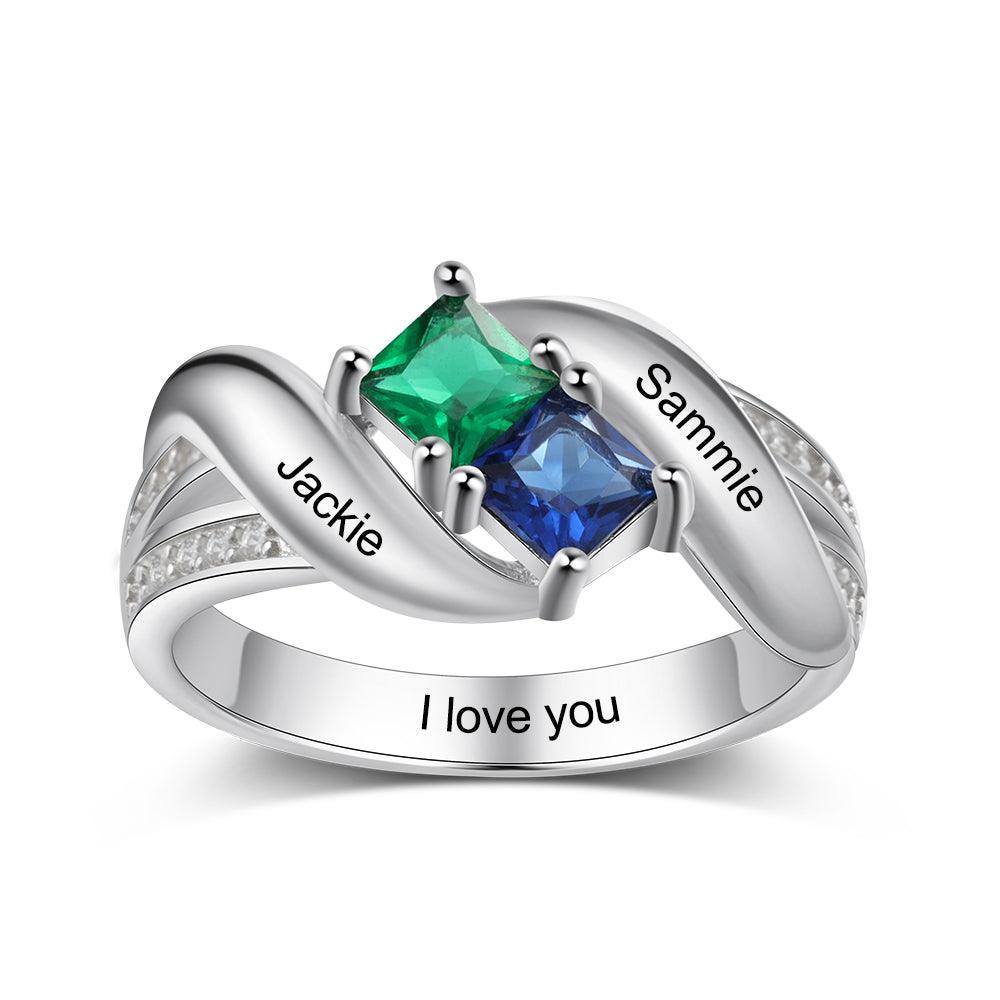 Personalized 925 Sterling Silver Ring - Two Birthstone Two Names and One Engraving For Mother's Day - Personalized Jewel