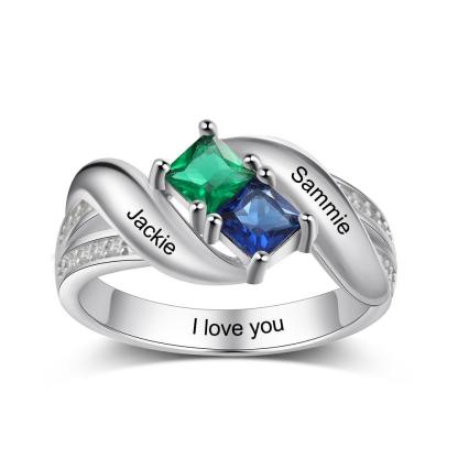 Personalized 925 Sterling Silver Ring - Two Birthstone Two Names and One Engraving For Mother's Day - Personalized Jewel