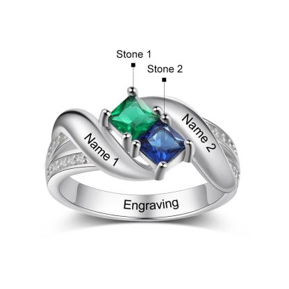 Personalized 925 Sterling Silver Ring - Two Birthstone Two Names and One Engraving For Mother's Day - Personalized Jewel