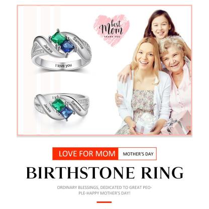 Personalized 925 Sterling Silver Ring - Two Birthstone Two Names and One Engraving For Mother's Day - Personalized Jewel