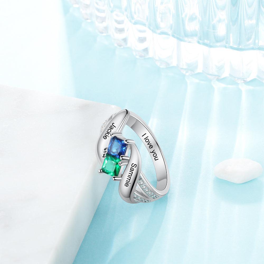 Personalized 925 Sterling Silver Ring - Two Birthstone Two Names and One Engraving For Mother's Day-Personalized Jewels
