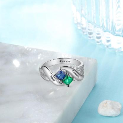 Personalized 925 Sterling Silver Ring - Two Birthstone Two Names and One Engraving For Mother's Day - Personalized Jewel