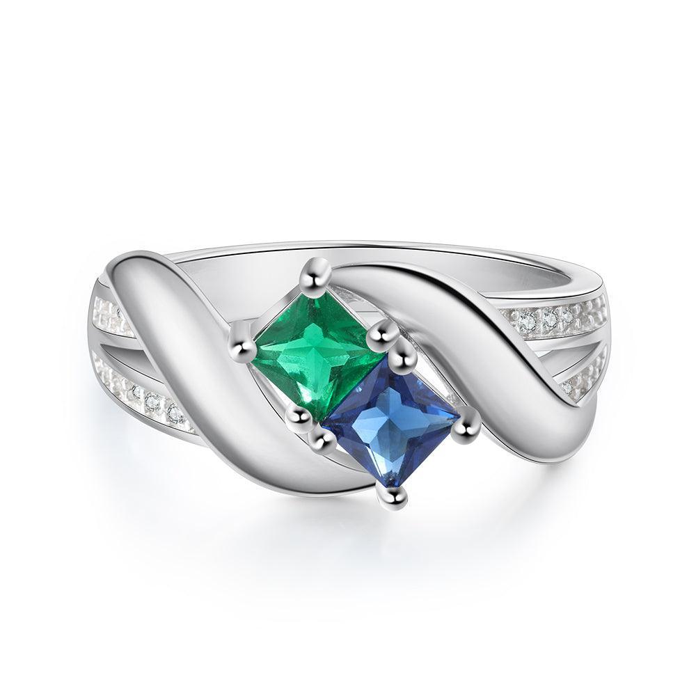 Personalized 925 Sterling Silver Ring - Two Birthstone Two Names and One Engraving For Mother's Day-Personalized Jewels