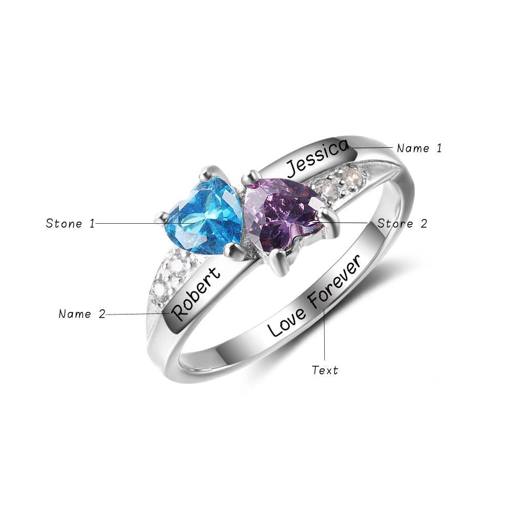 Personalized 925 Sterling Silver Rings, Customized Double Heart Birthstone & Engrave Name Options, Great Gift for Women-Personalized Jewels