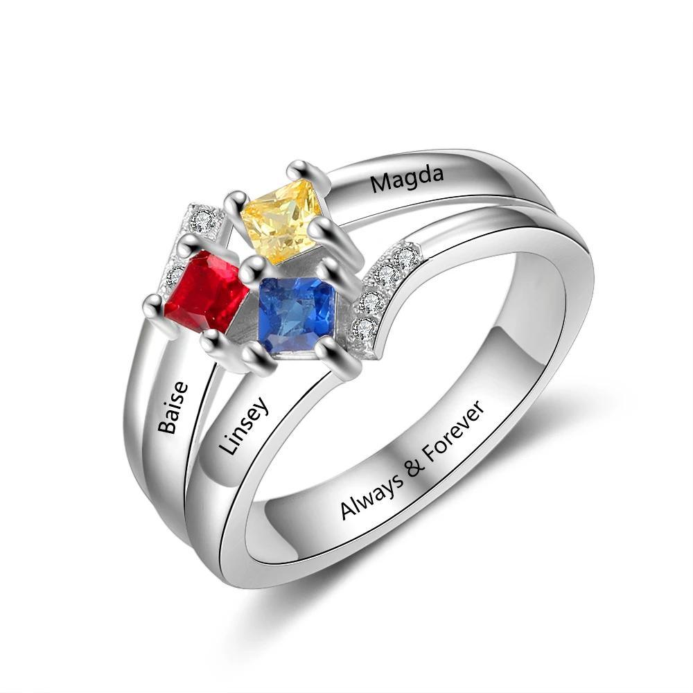 Personalized 925 Sterling Silver Rings for Women- Custom 3 Square Birthstone & 3 Names Family/Friendship Ring-Personalized Jewels