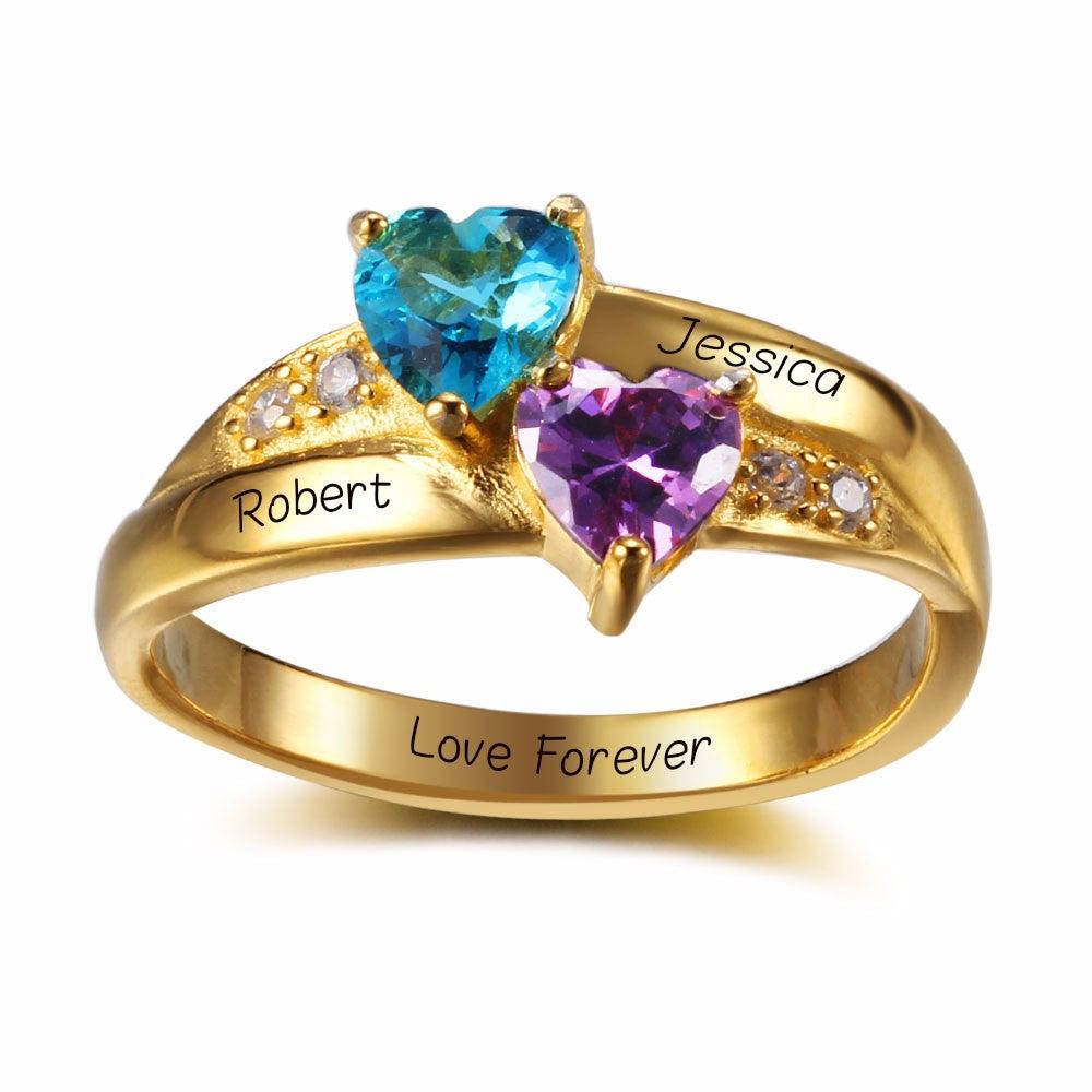 Personalized 925 Sterling Silver Rings for Women – Custom Names – 2 Heart Birthstones – Jewelry Birthday Gift Idea - Personalized Jewel