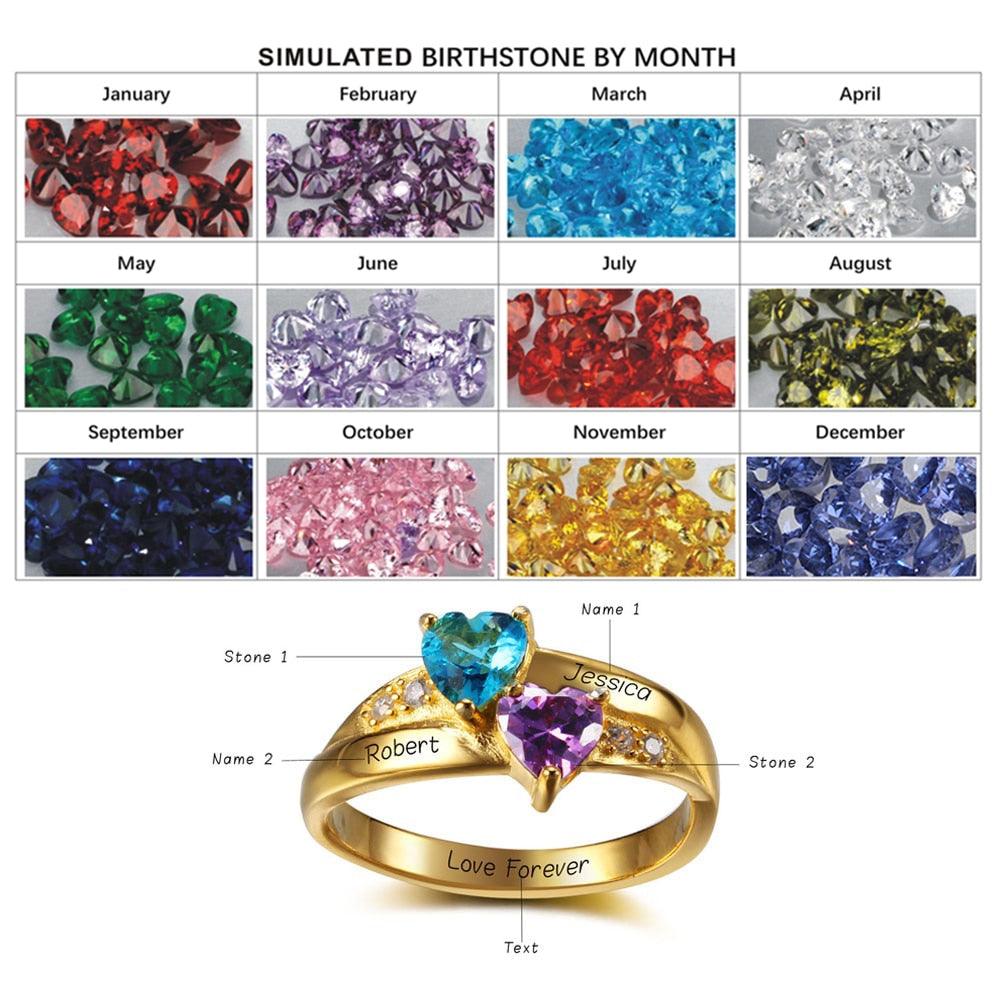 Personalized 925 Sterling Silver Rings for Women – Custom Names – 2 Heart Birthstones – Jewelry Birthday Gift Idea - Personalized Jewel