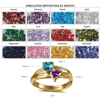 Personalized 925 Sterling Silver Rings for Women – Custom Names – 2 Heart Birthstones – Jewelry Birthday Gift Idea - Personalized Jewel