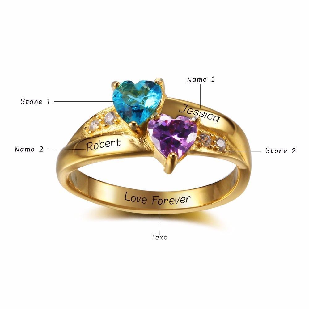 Personalized 925 Sterling Silver Rings for Women – Custom Names – 2 Heart Birthstones – Jewelry Birthday Gift Idea - Personalized Jewel