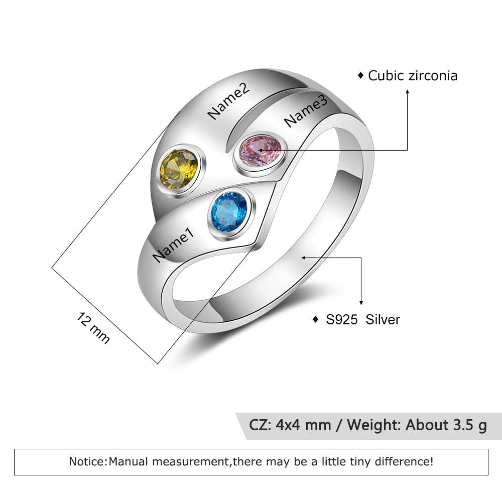 Personalized 925 Sterling Silver Rings for Women Customized 3 Names Birthstone Ring Mother Child Family Gift - Personalized Jewel