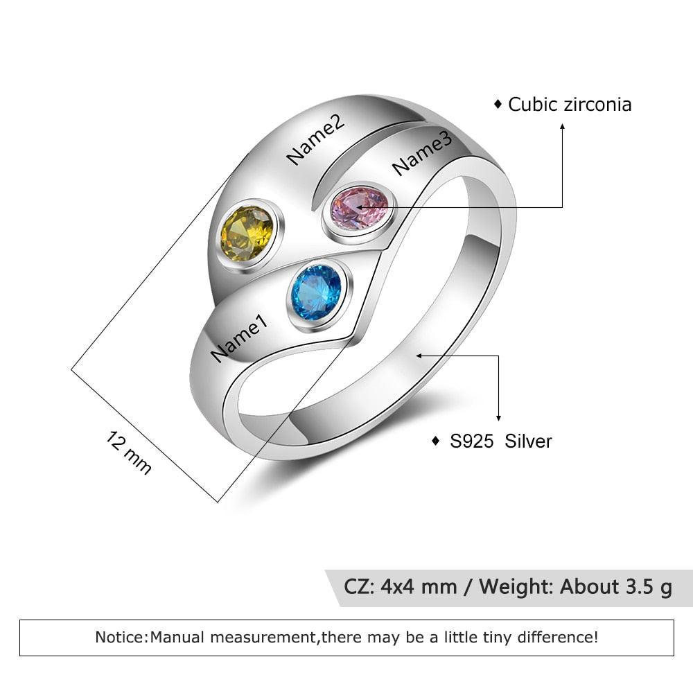 Personalized 925 Sterling Silver Rings for Women Customized 3 Names Birthstone Ring Mother Child Family Gift - Personalized Jewel