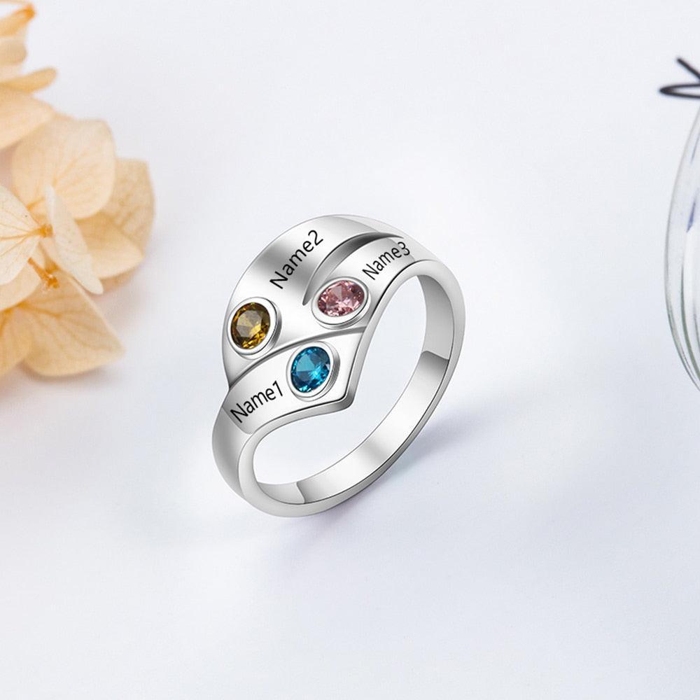 Personalized 925 Sterling Silver Rings for Women Customized 3 Names Birthstone Ring Mother Child Family Gift - Personalized Jewel