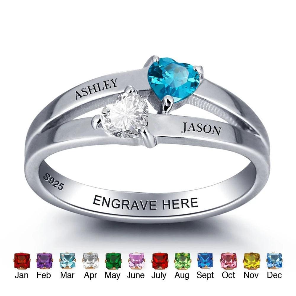 Personalized 925 Sterling Silver Rings for Women – Double Heart Birthstones – Customize Name – Unique Jewelry Gift - Personalized Jewel