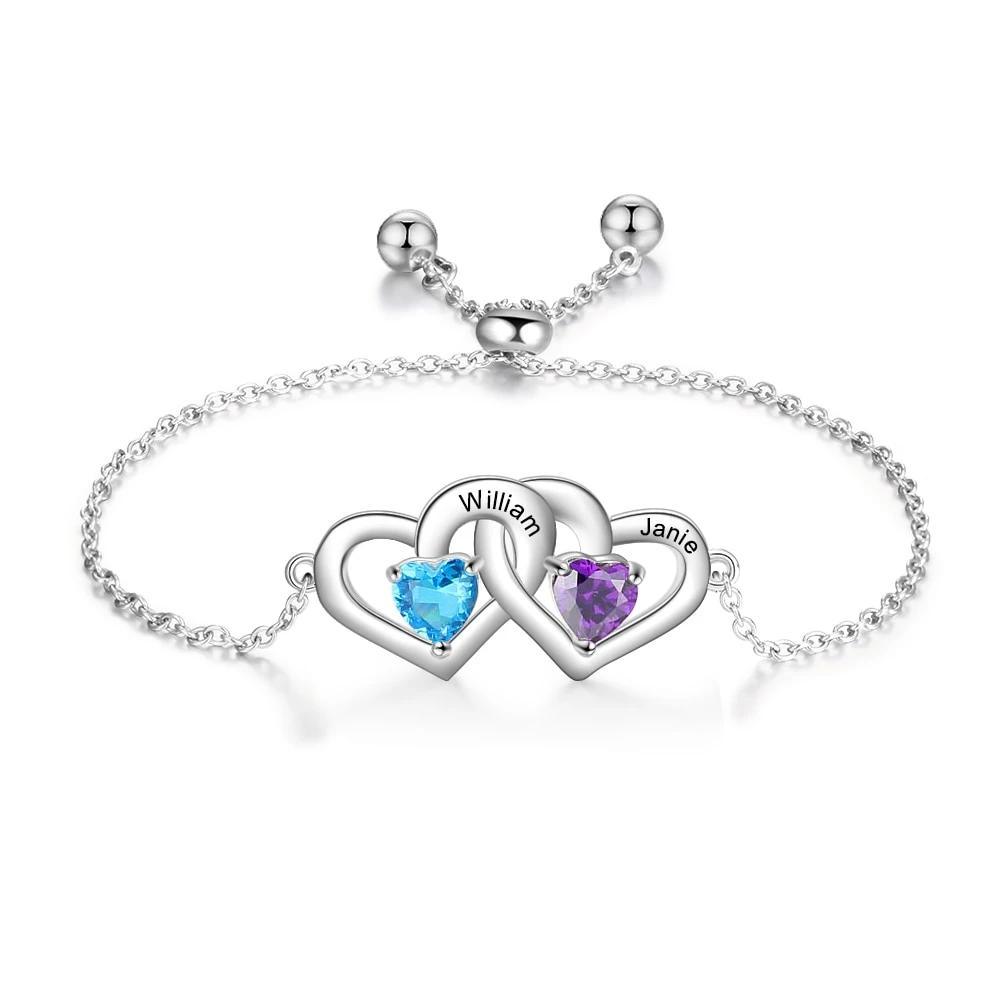 Personalized Adjustable Chain Bracelet with Customized 2 Names Engraved & Heart Birthstone, Bracelet for Couples - Personalized Jewel
