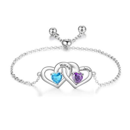 Personalized Adjustable Chain Bracelet with Customized 2 Names Engraved & Heart Birthstone, Bracelet for Couples - Personalized Jewel