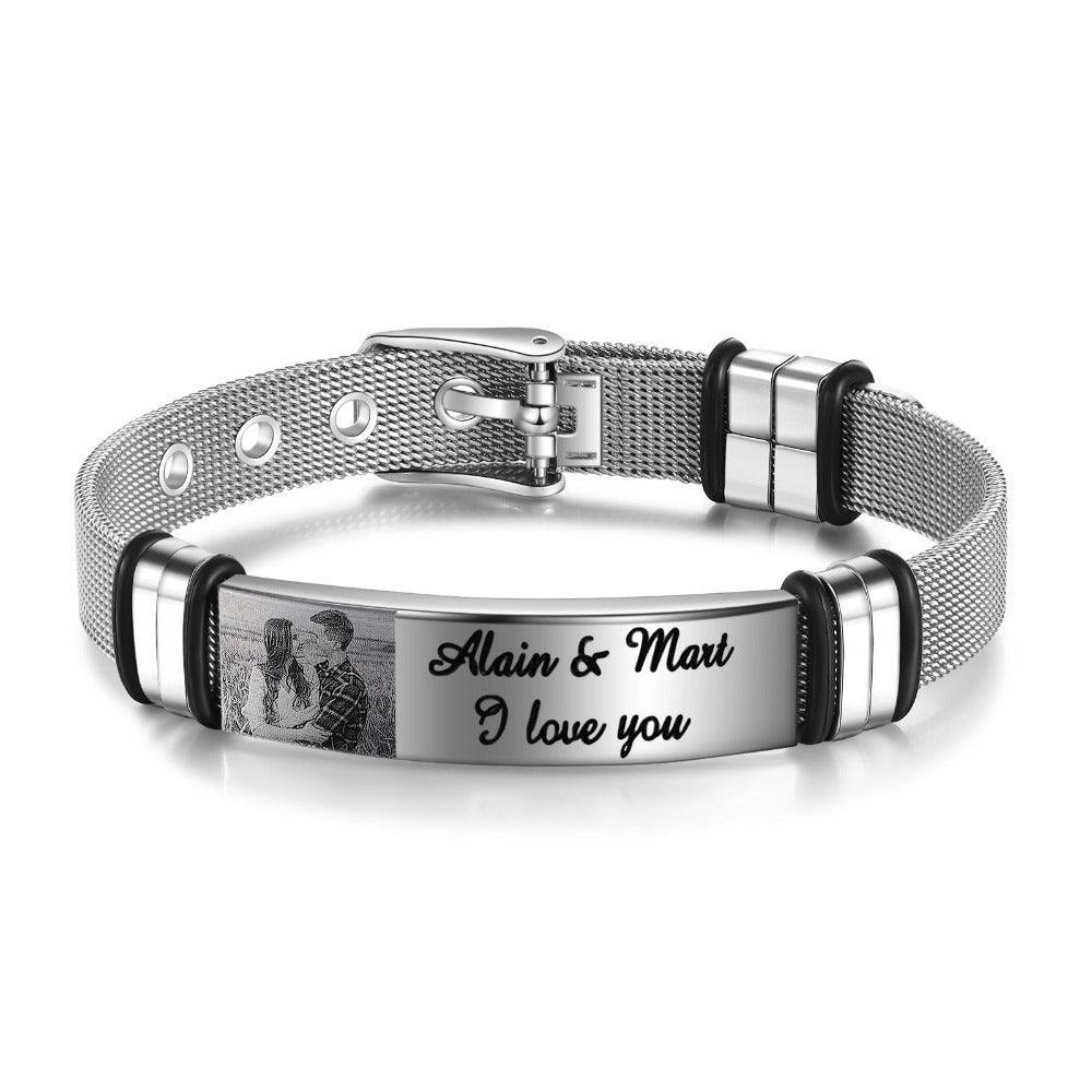 Personalized Adjustable Silver Stainless Steel Name Bracelet - 1 Custom Photo Phrase Date-Personalized Jewels