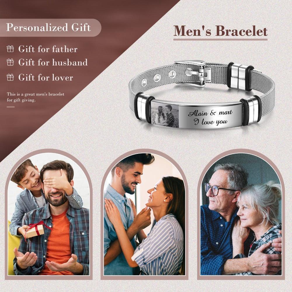 Personalized Adjustable Silver Stainless Steel Name Bracelet - 1 Custom Photo Phrase Date-Personalized Jewels