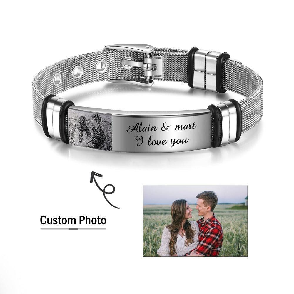 Personalized Adjustable Silver Stainless Steel Name Bracelet - 1 Custom Photo Phrase Date-Personalized Jewels