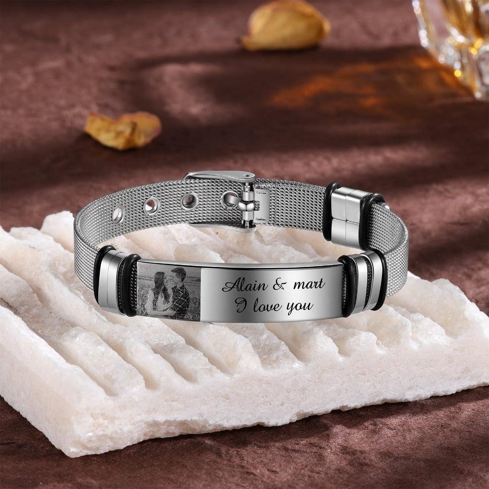 Personalized Adjustable Silver Stainless Steel Name Bracelet - 1 Custom Photo Phrase Date - Personalized Jewel