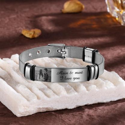Personalized Adjustable Silver Stainless Steel Name Bracelet - 1 Custom Photo Phrase Date - Personalized Jewel