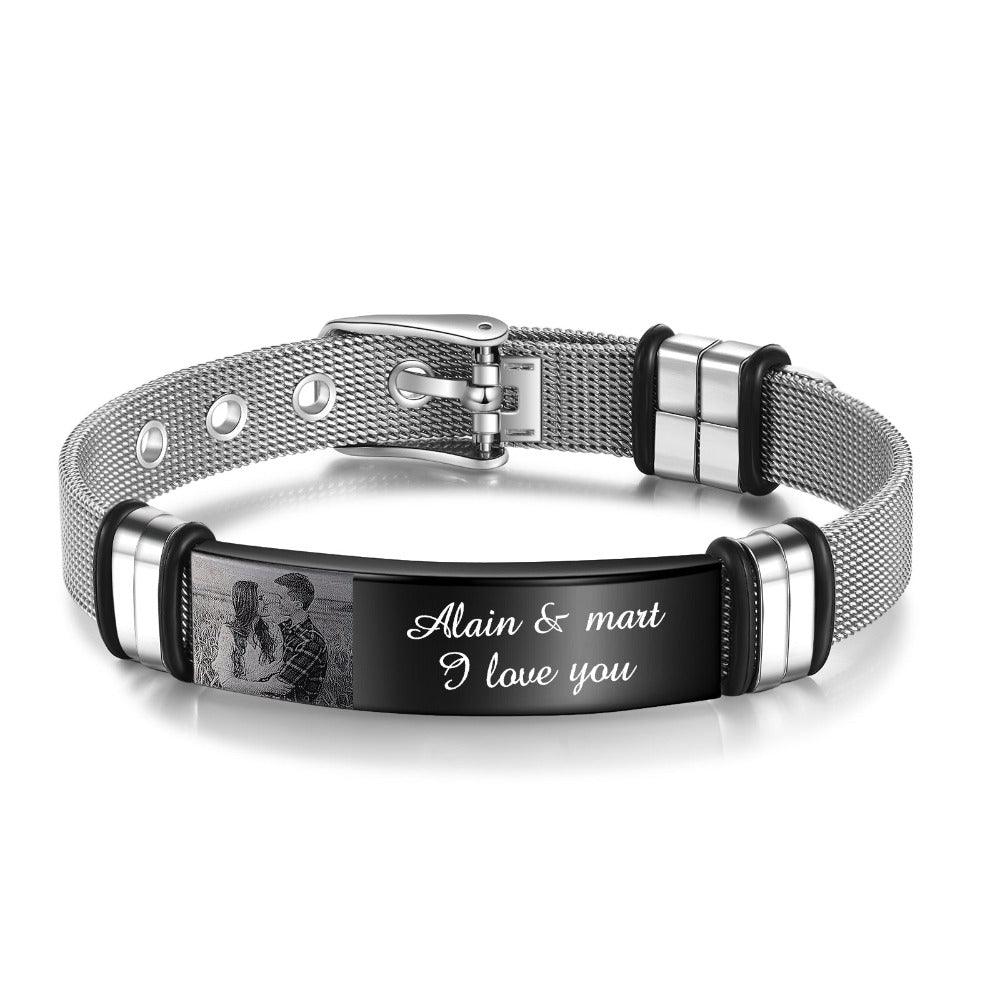 Personalized Adjustable Stainless Steel Name Bracelet - 1 Custom Photo Phrase Date - Personalized Jewel
