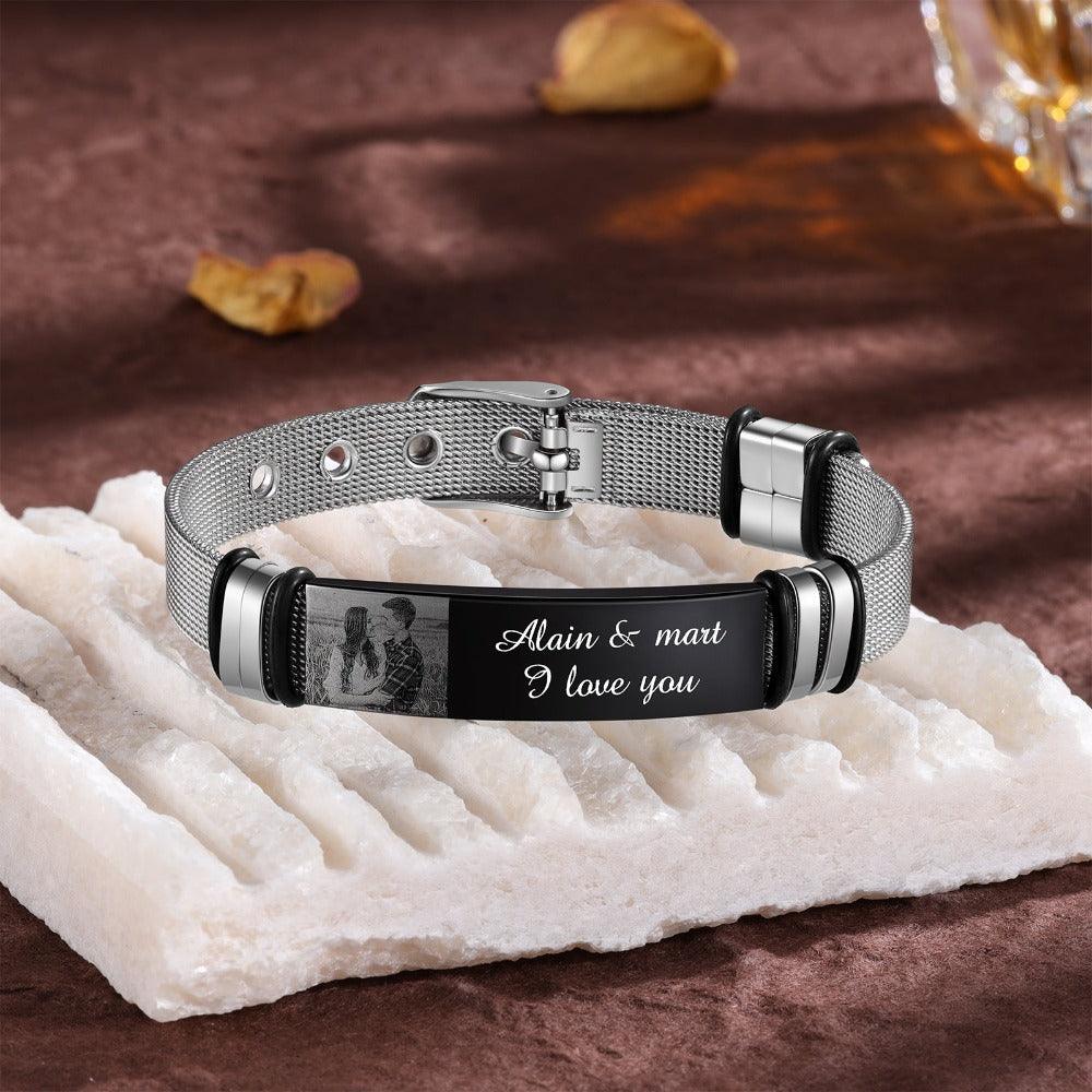Personalized Adjustable Stainless Steel Name Bracelet - 1 Custom Photo Phrase Date - Personalized Jewel