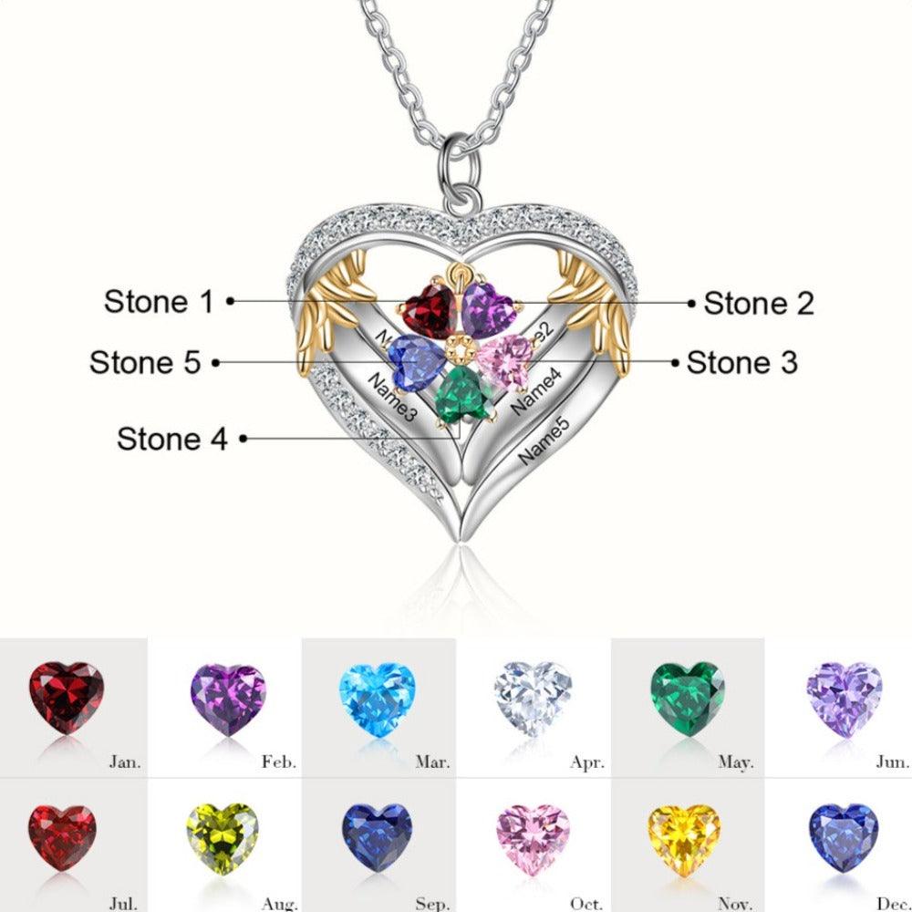 Personalized Angels Heart Silver Pendant Necklace - Five Custom Names & Birthstones-Personalized Jewels