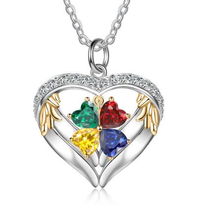 Personalized Angel´s Heart Silver Pendant Necklace - Four Custom Names & Birthstones - Personalized Jewel