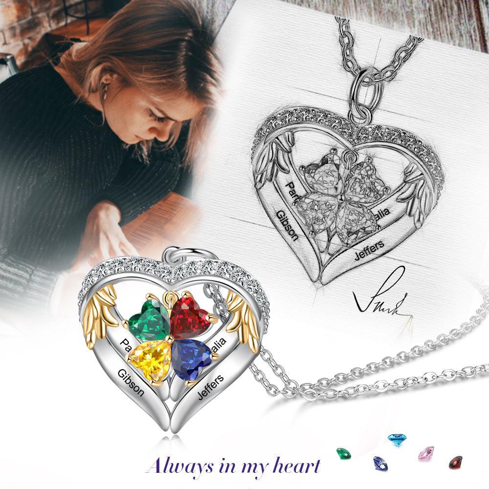 Personalized Angel´s Heart Silver Pendant Necklace - Four Custom Names & Birthstones - Personalized Jewel