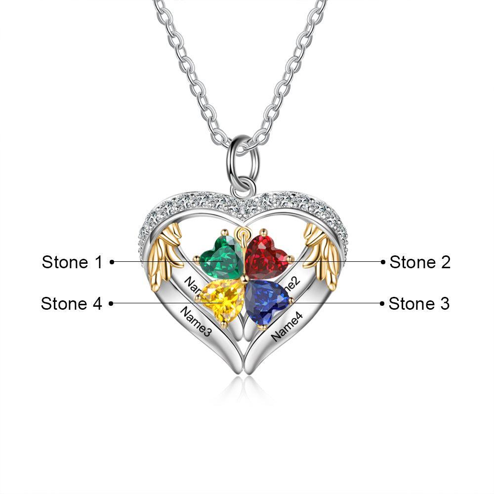 Personalized Angel´s Heart Silver Pendant Necklace - Four Custom Names & Birthstones - Personalized Jewel