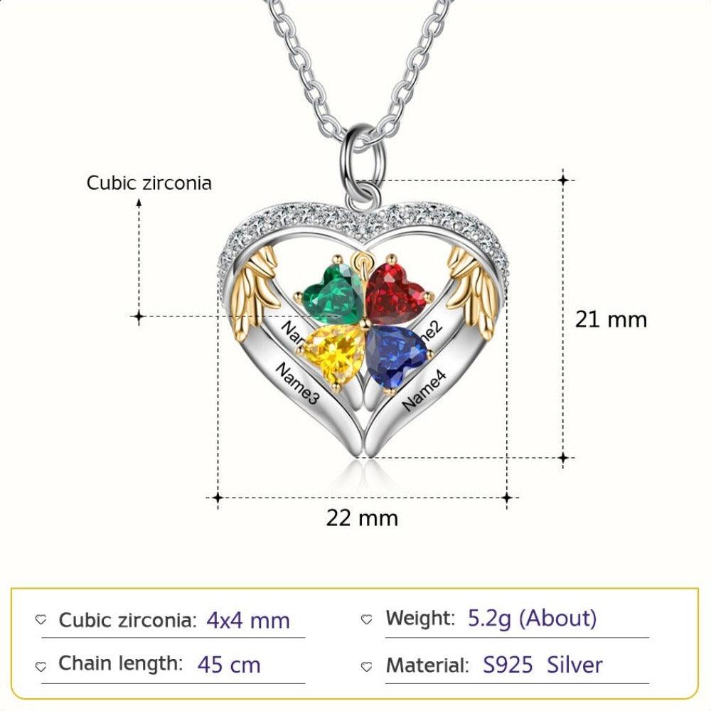 Personalized Angel´s Heart Silver Pendant Necklace - Four Custom Names & Birthstones - Personalized Jewel