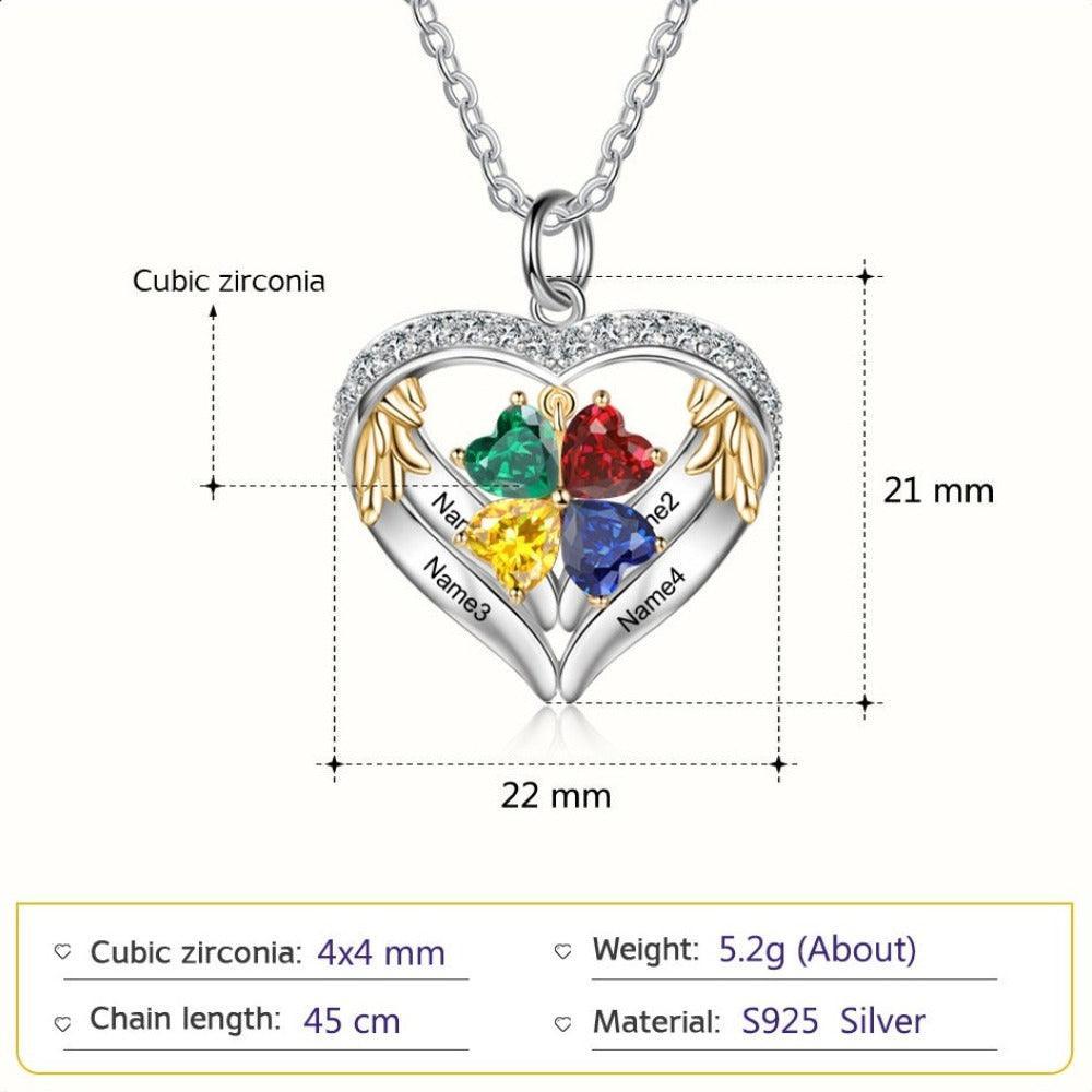 Personalized Angel´s Heart Silver Pendant Necklace - Four Custom Names & Birthstones - Personalized Jewel
