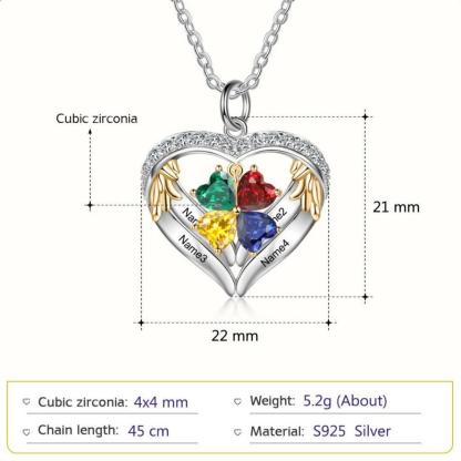 Personalized Angel´s Heart Silver Pendant Necklace - Four Custom Names & Birthstones - Personalized Jewel
