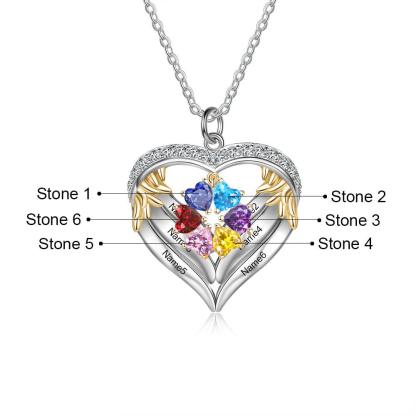 Personalized Angel´s Heart Silver Pendant Necklace - Six Custom Names & Birthstones - Personalized Jewel