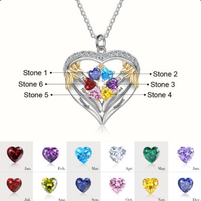 Personalized Angel´s Heart Silver Pendant Necklace - Six Custom Names & Birthstones - Personalized Jewel