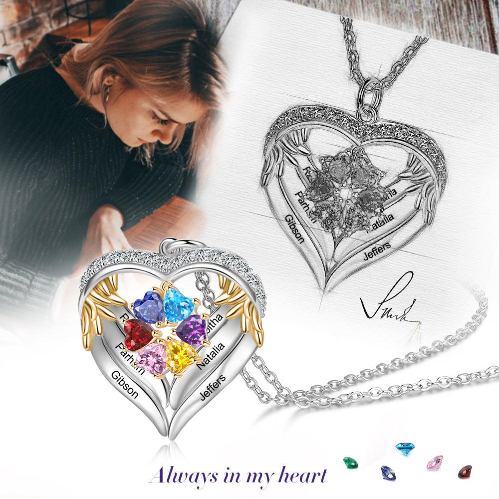 Personalized Angel´s Heart Silver Pendant Necklace - Six Custom Names & Birthstones - Personalized Jewel