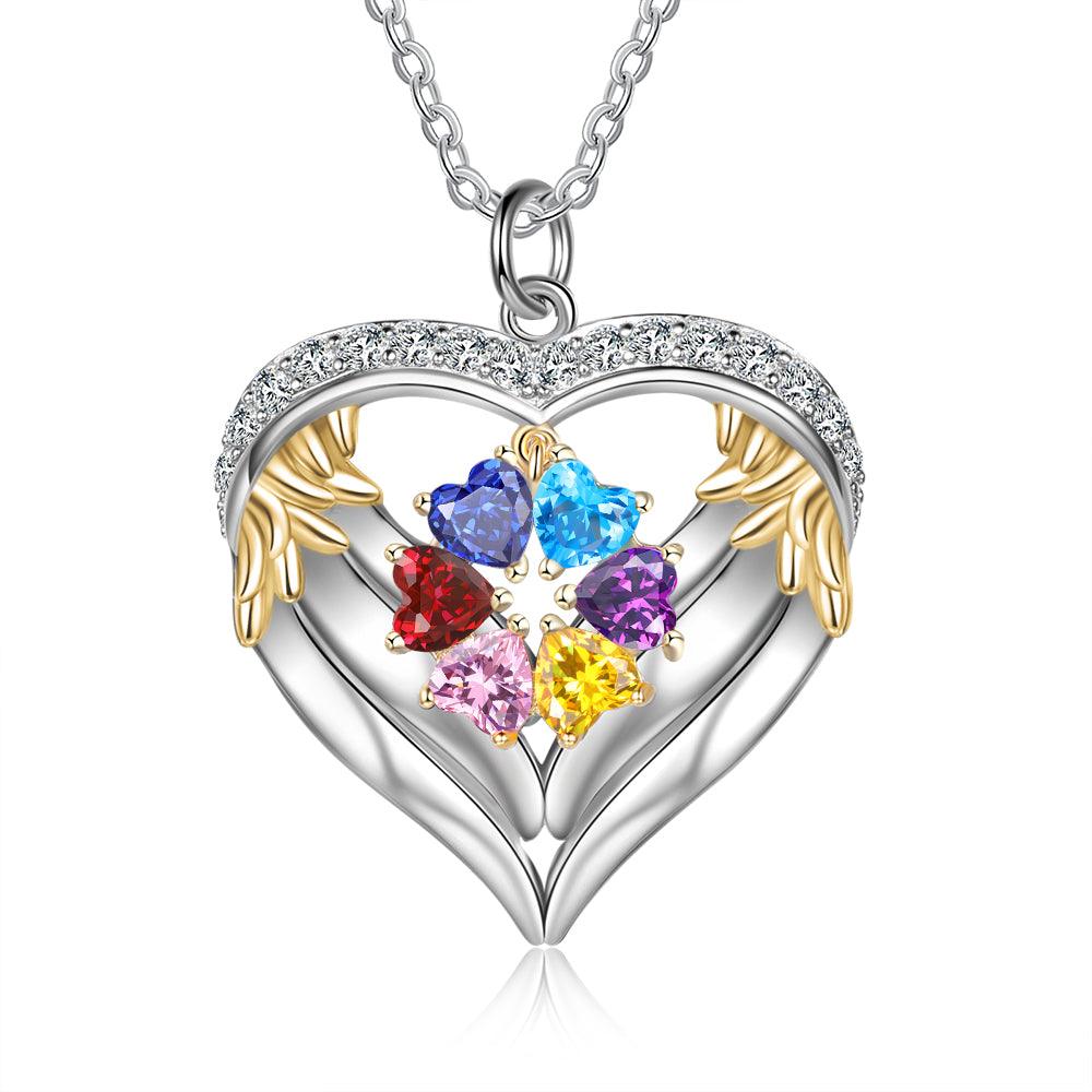 Personalized Angel´s Heart Silver Pendant Necklace - Six Custom Names & Birthstones - Personalized Jewel