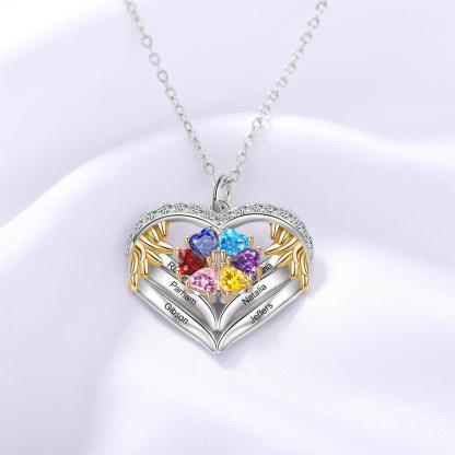 Personalized Angel´s Heart Silver Pendant Necklace - Six Custom Names & Birthstones - Personalized Jewel