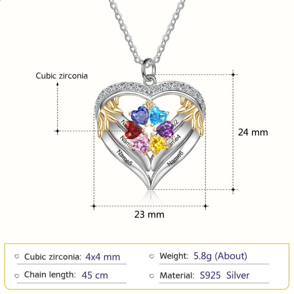 Personalized Angel´s Heart Silver Pendant Necklace - Six Custom Names & Birthstones - Personalized Jewel