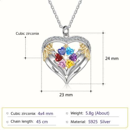 Personalized Angel´s Heart Silver Pendant Necklace - Six Custom Names & Birthstones - Personalized Jewel