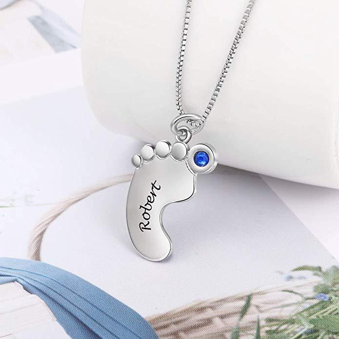 Personalized Baby Feet Necklace - Custom Name Pendant - Custom Birthstone with Sterling Silver Necklace - Personalized Jewel