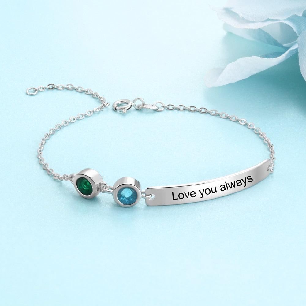 Personalized Bar Bracelets & Bangles with 2 Birthstones Custom Engraved NamePlate Bracelets for Women - Personalized Jewel