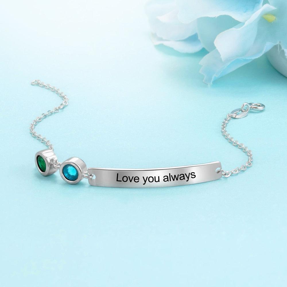 Personalized Bar Bracelets & Bangles with 2 Birthstones Custom Engraved NamePlate Bracelets for Women - Personalized Jewel