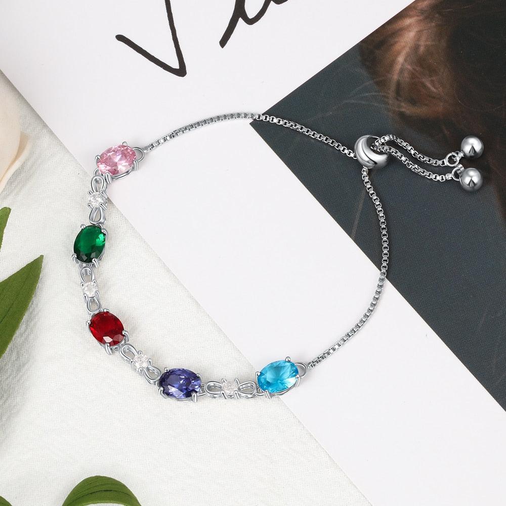 Personalized Chain Bracelets with 5 Oval Customized Birthstones & Zirconia Jewelry Bracelets for Women - Personalized Jewel