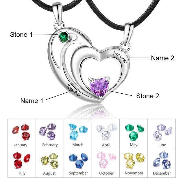 Personalized Couple’s 2 Necklace 2 Custom Birthstones and 2 Name Engravings Necklace - Personalized Jewel