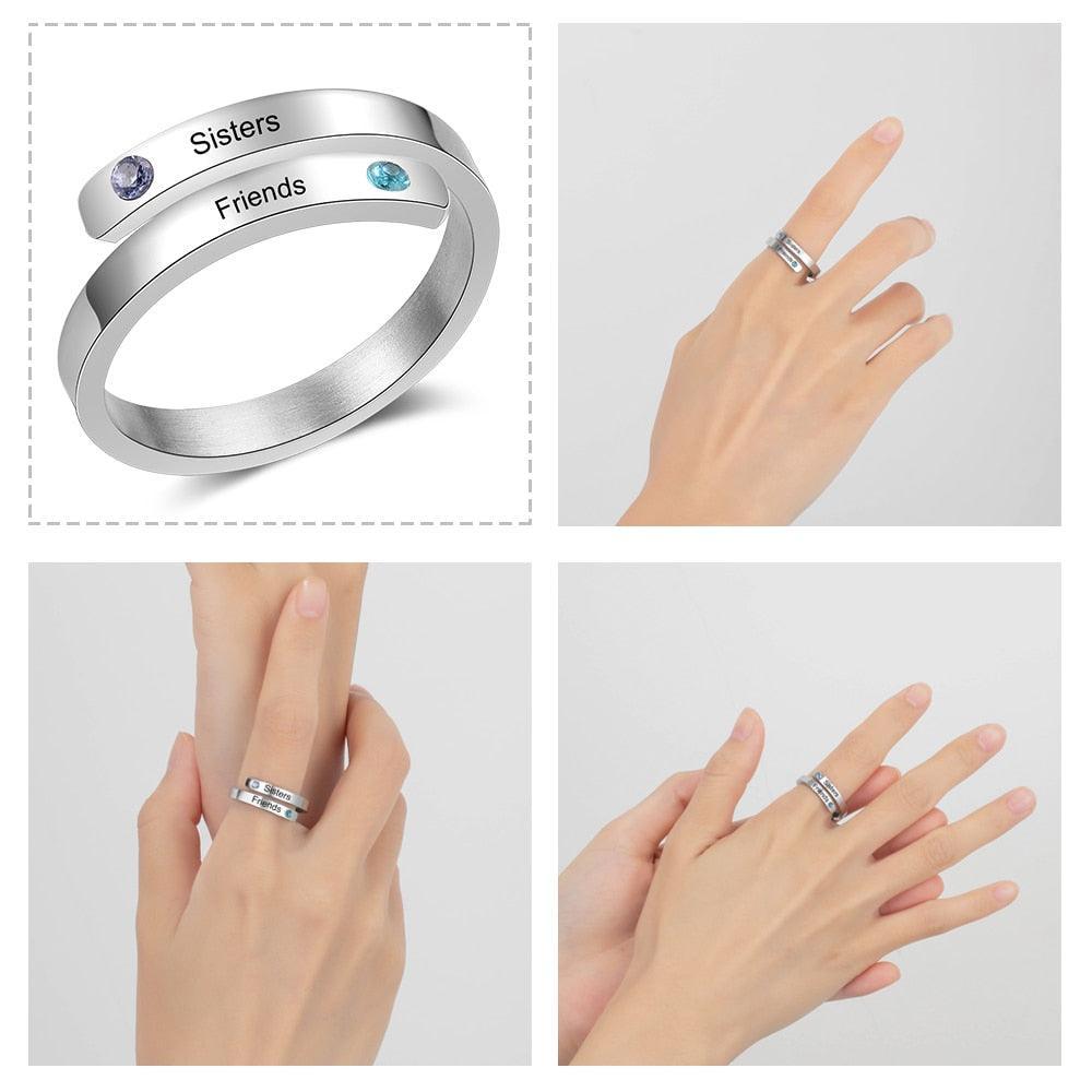 Personalized Couple Wrap Ring - Two Custom Names - Two Custom Birthstone - Engraved Rings-Personalized Jewels