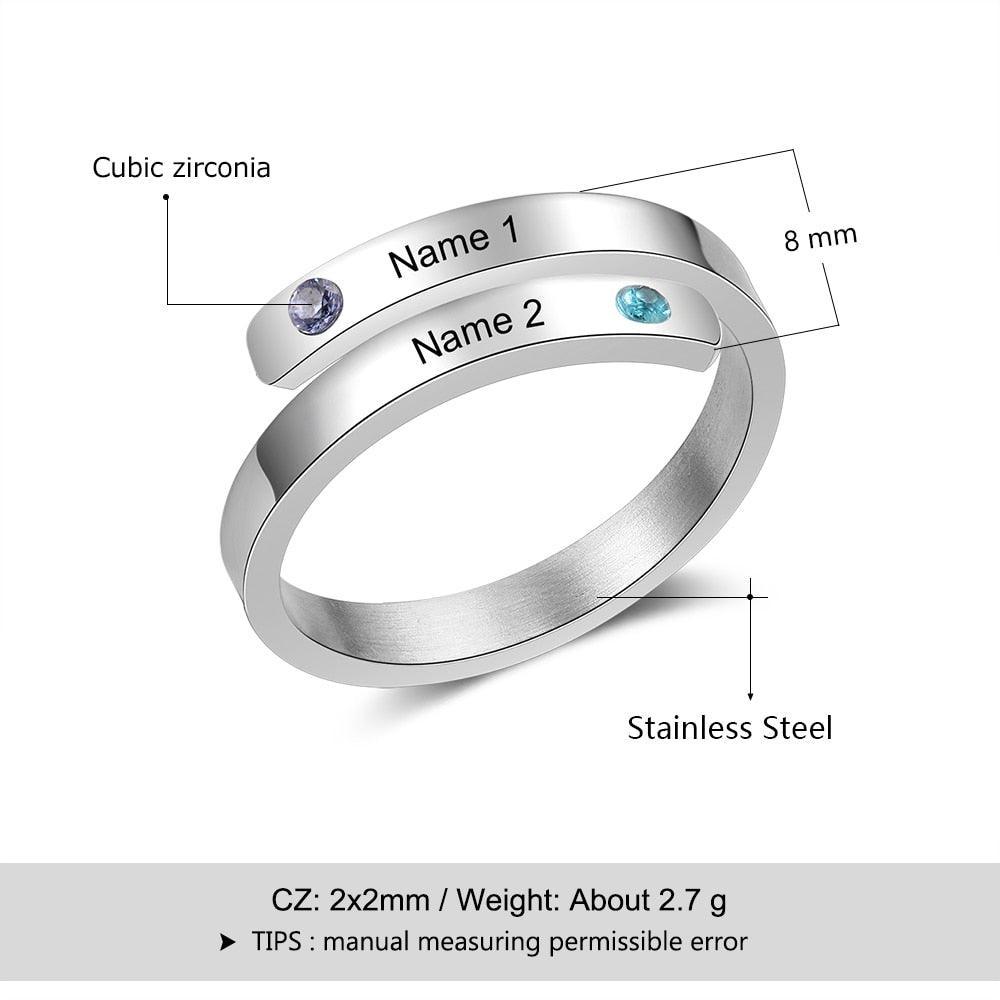 Personalized Couple Wrap Ring - Two Custom Names - Two Custom Birthstone - Engraved Rings-Personalized Jewels