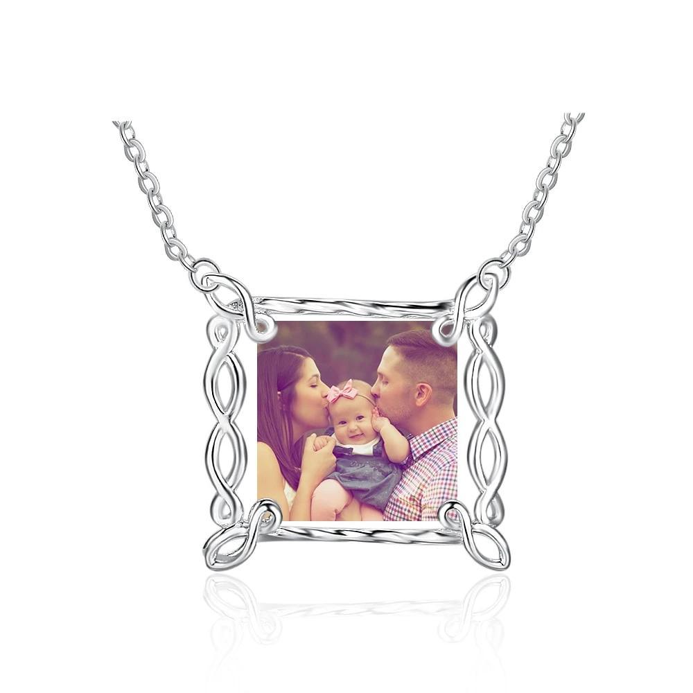 Personalized Custom Multicolor Photo Engraved Word Hollow Pattern Border 925 Sterling Silver Pendant Necklace - Personalized Jewel